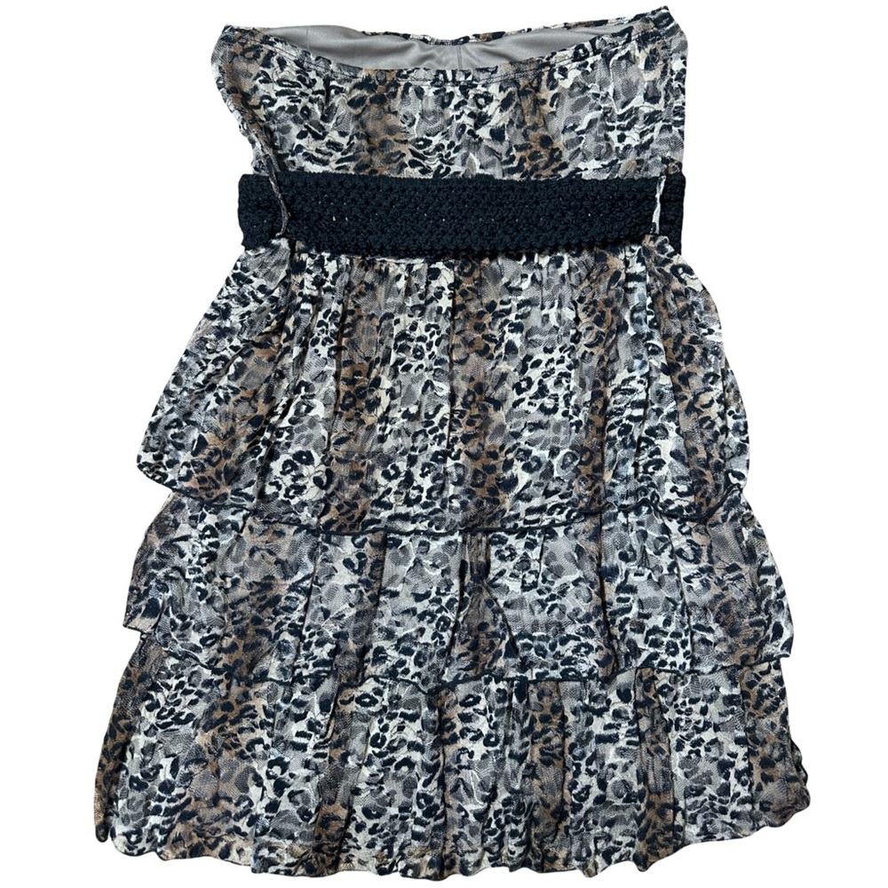 Deb Y2K Leopard Print Strapless Tiered Mini Dress Black Belt Size M - Picture 4 of 5